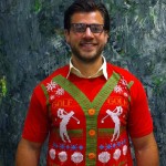 Picture of a young man in a golf ugly Christmas sweater