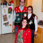 Picture of college students in ugly Christmas sweaters with Harry Potter glasses