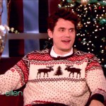 Photo of John Mayer wearing a vintage ugly Christmas sweater on TV