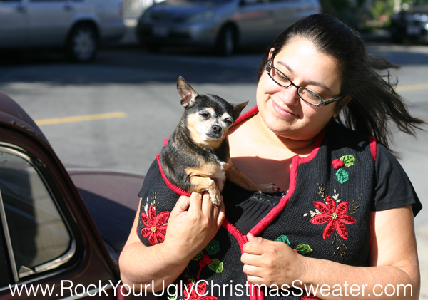 Picture of a Chihuahua in ugly Christmas sweater vest