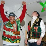 College students wearing Kwanzaa ugly sweater and Christmas sweater ugly vest