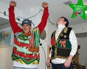 College students wearing Kwanzaa ugly sweater and Christmas sweater ugly vest