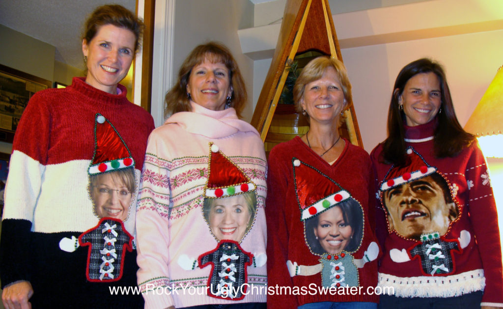 Sarah Palin, Hillary Clinton, and Michelle and Barack Obama ugly Christmas sweaters