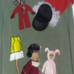 A Christmas Story ugly Christmas sweater, with leg lamp, tongue on pole, bunny suit